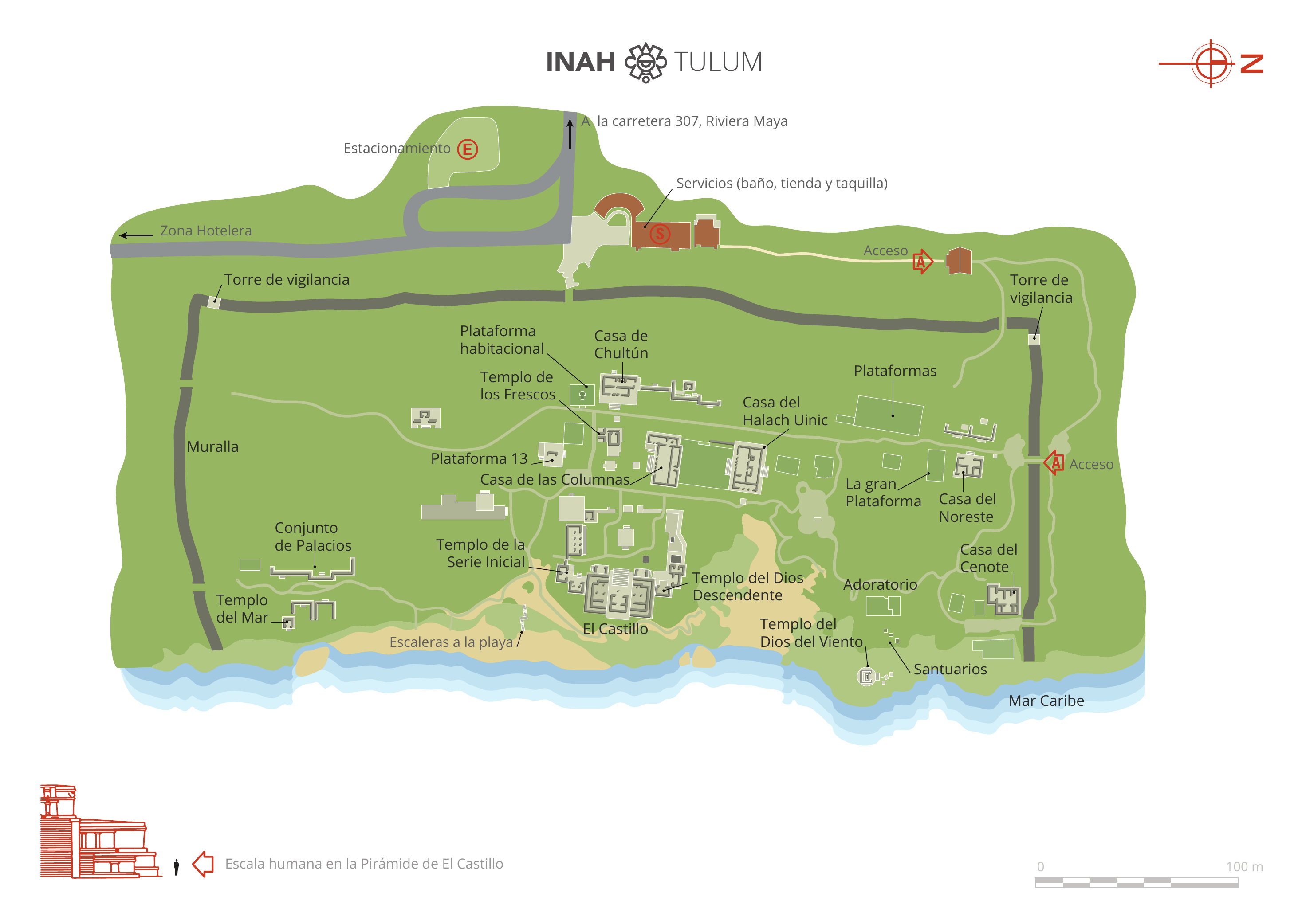 INAH 官方场地图——从西侧入口进入后，主线依次经过壁画神庙、初期系列神庙、俯冲神神庙、城堡与风神神庙