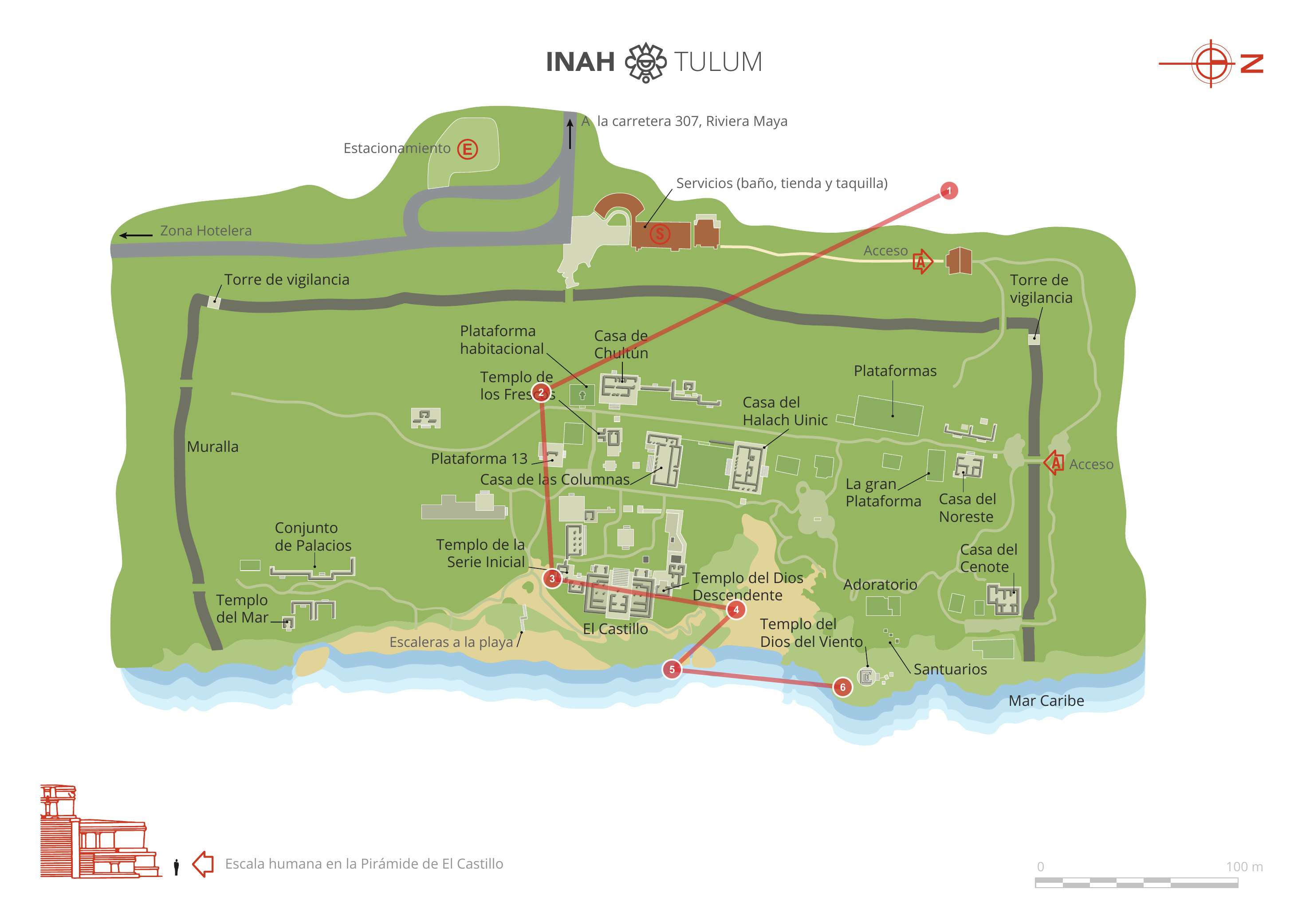 图卢姆路线示意图——红线标出建议主线，编号对应本章 1 到 6 的参观顺序