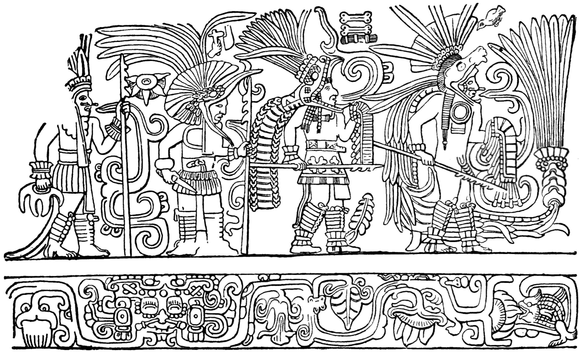 奇琴伊察石雕细部——人物、纹样与符号往往把宗教观念与宇宙秩序直接刻进石头之中